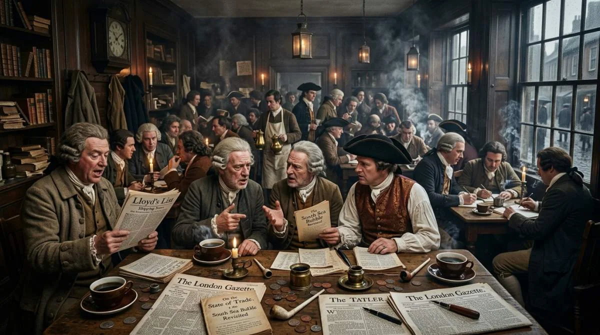 Londonbor diskuterar nyheter i kaffehus under 1700-talet