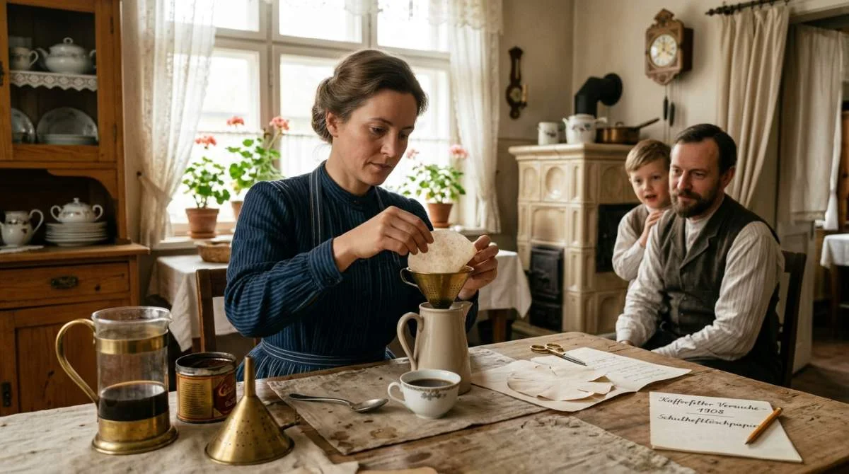 Melitta Bentz testar sitt första pappersfilter i Dresden år 1908