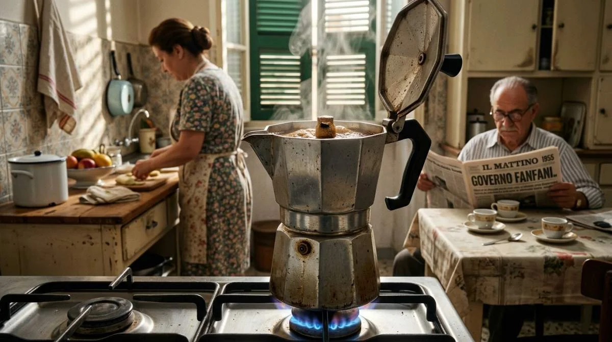 Mokabryggare kokar kaffe på italiensk spis