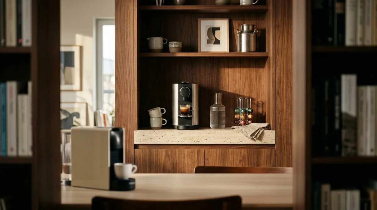 Modern kapselmaskin i cafecore-inspirerad kaffehörna