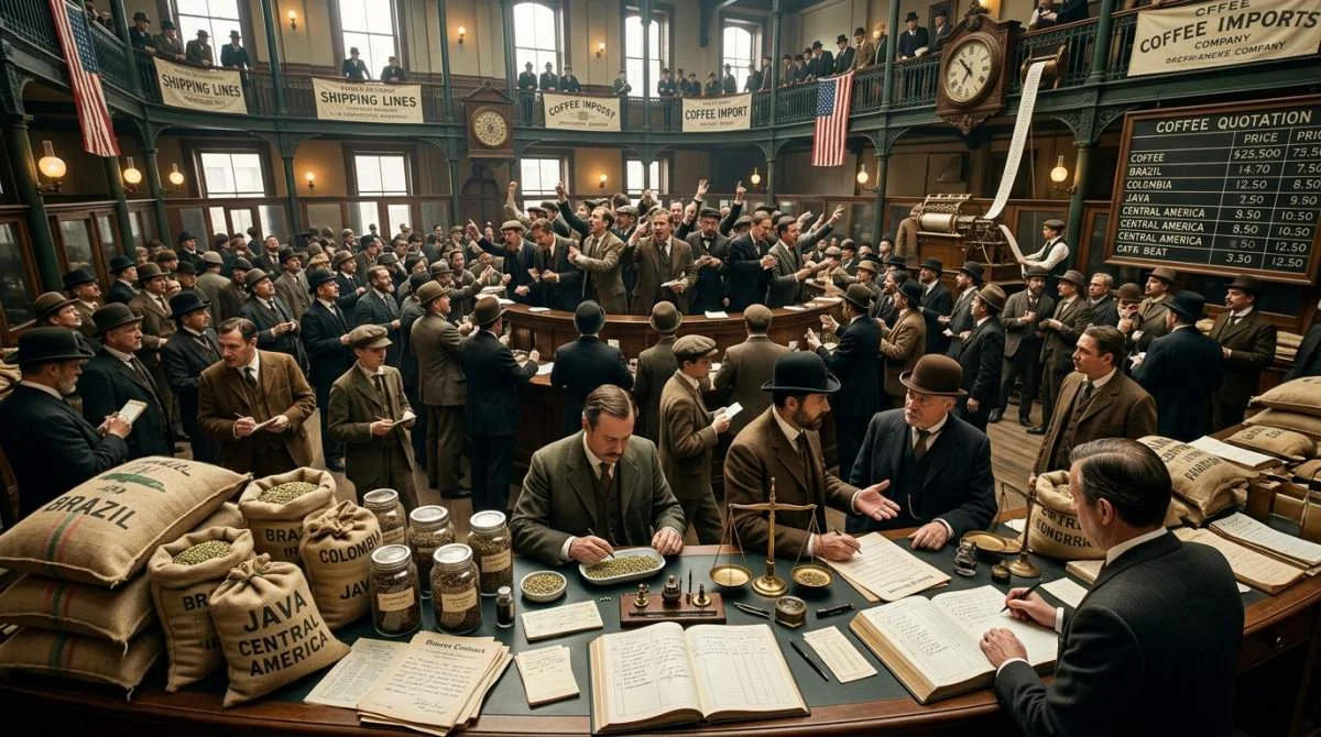 Handlare arbetar på New York Coffee Exchange år 1882