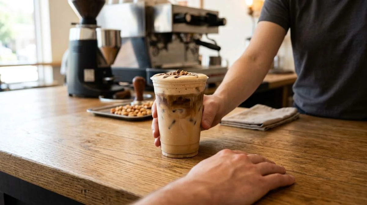 Iced latte med jordnötssmörsskum och choklad på kafédisk
