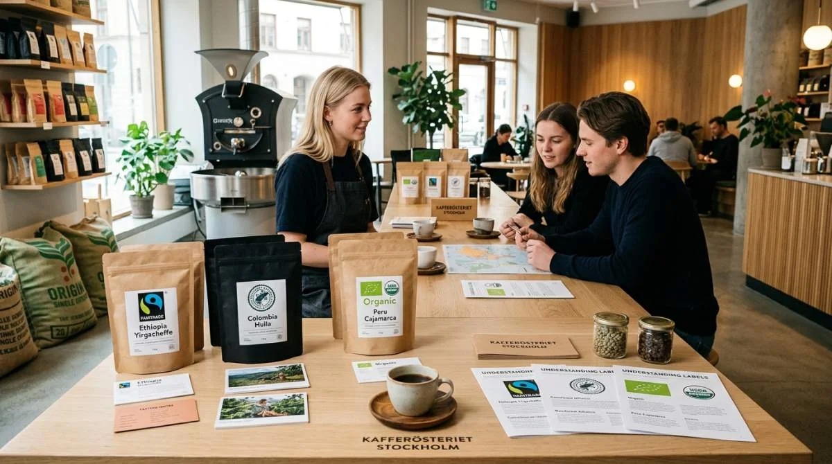 Kaffepåsar med Rainforest Alliance och Fairtrade visas i svenskt kafé
