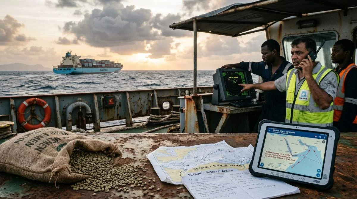 Containerfartyg omdirigeras runt Afrikas horn med kaffelaster medan besättningen vid radarn följer krisen i Röda havet. Dramatisk dokumentärbild från Indiska oceanen med omledda fraktrutter och orolig stämning.