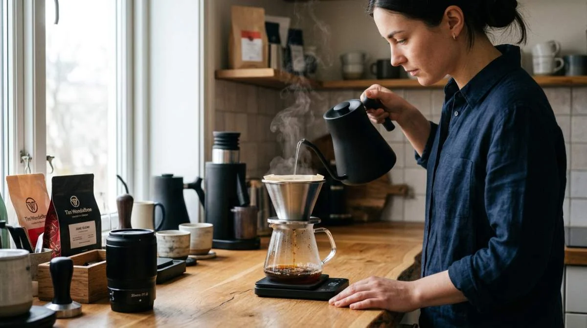 Person brygger kaffe med Shelbru June och svanhalskanna
