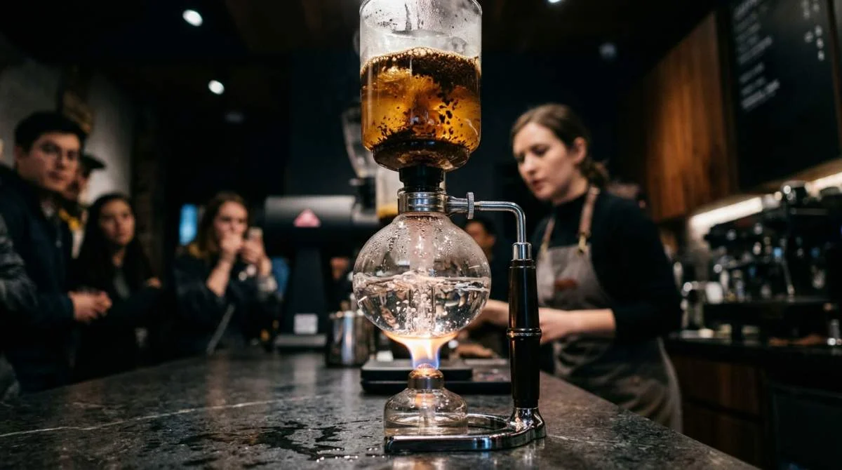 Sifonbryggare lyfter kaffe genom glasbehållare