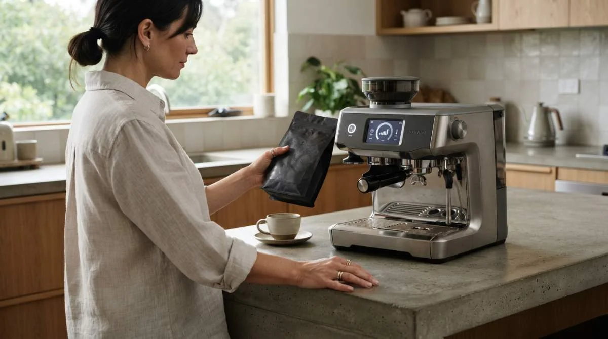 Person skannar en kaffepåse med en smart espressomaskin