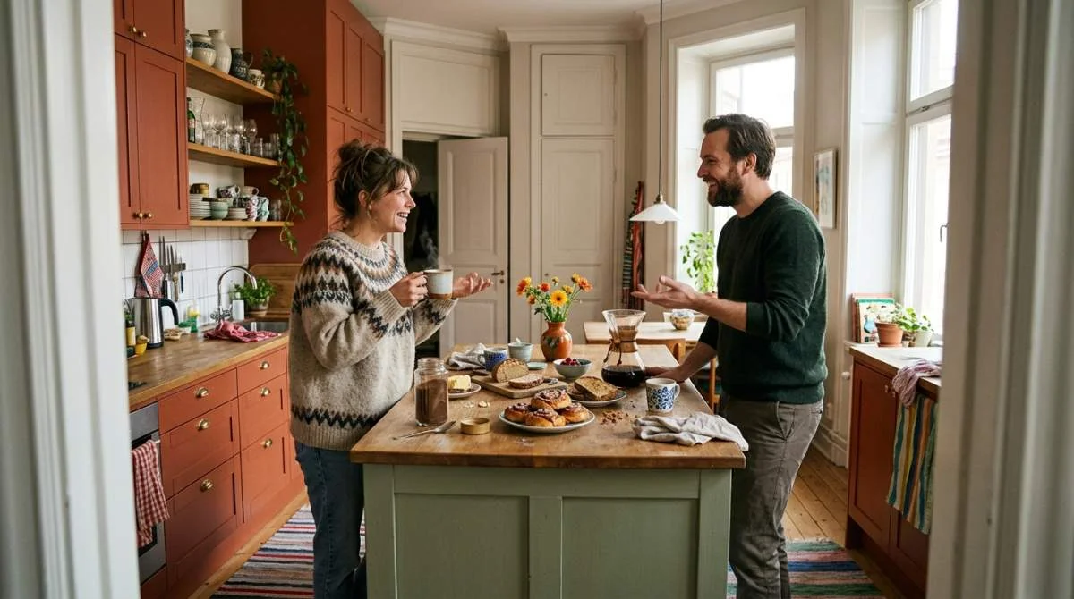 Två vänner jämför snabbkaffe och bryggkaffe vid ett färgglatt frukostbord