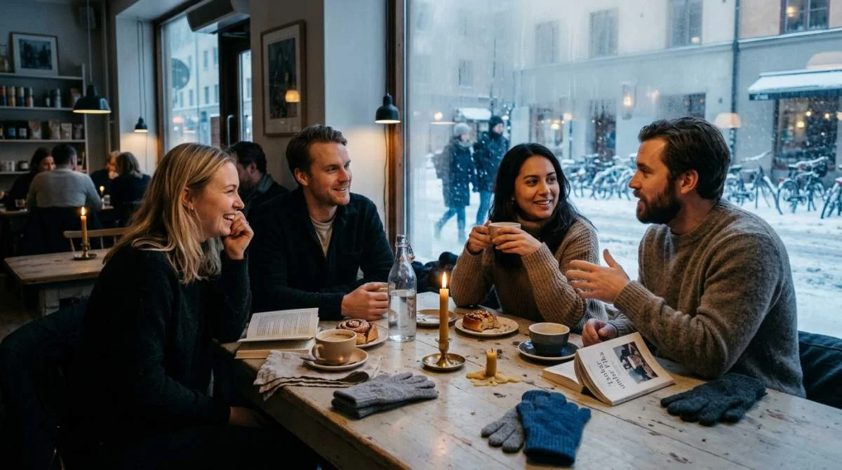 Vänner samlas under svensk fika