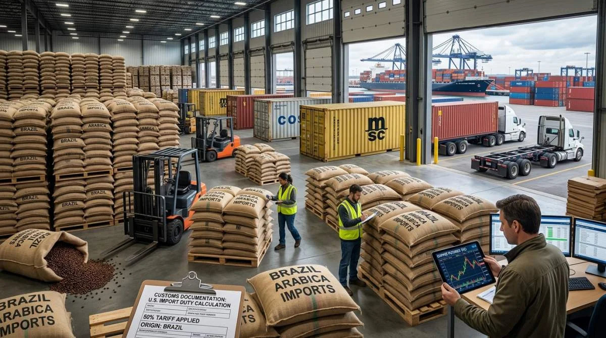 Brasilianska kaffesäckar lagras i ett amerikanskt lager efter nya importtullar