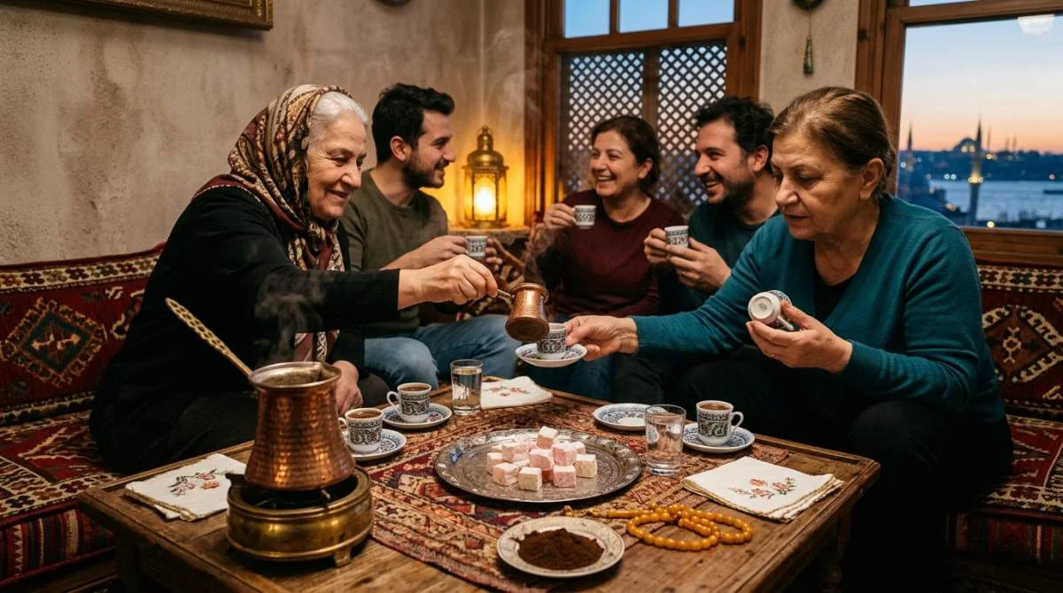 Turkiskt kaffe serveras under traditionell social ritual i Istanbul