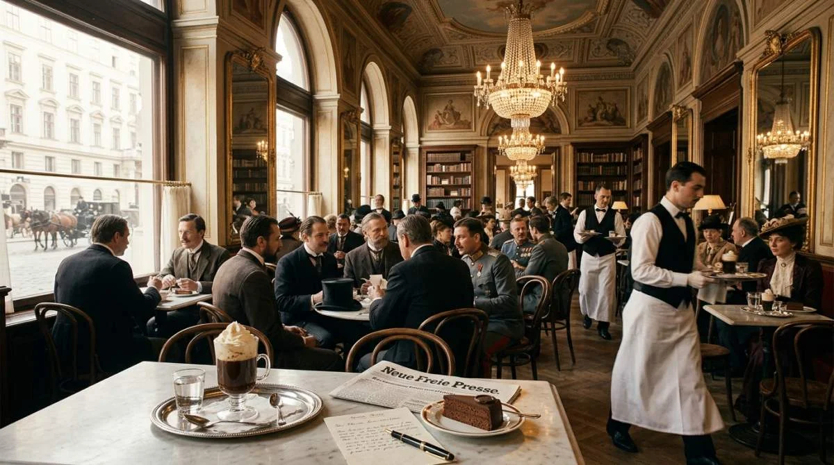 Storslaget wienskt kaffehus under Habsburgmonarkin med klassiskt viennakaffe