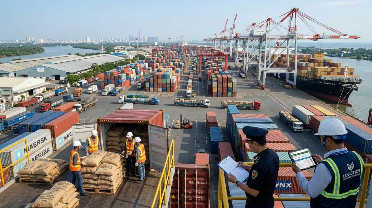 Kaffesäckar lastas för export i en vietnamesisk containerhamn