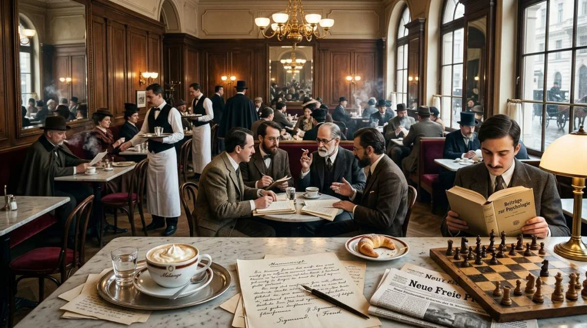 Intellektuella samlas på wienskt kaffehus under 1800-talet