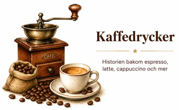 Vintage espressomaskin med en kopp kaffe och kaffebönor på vit bakgrund i klassisk akvarellstil.