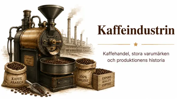 Klassisk kaffefabrik med kafferostning och säckar fyllda med kaffebönor i varm retrostil.