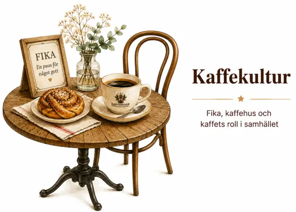 Svensk fika med kaffe och bulle vid ett litet cafébord på vit minimalistisk bakgrund.